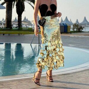 Gold Elegant Women's Sequined Long Skirt
